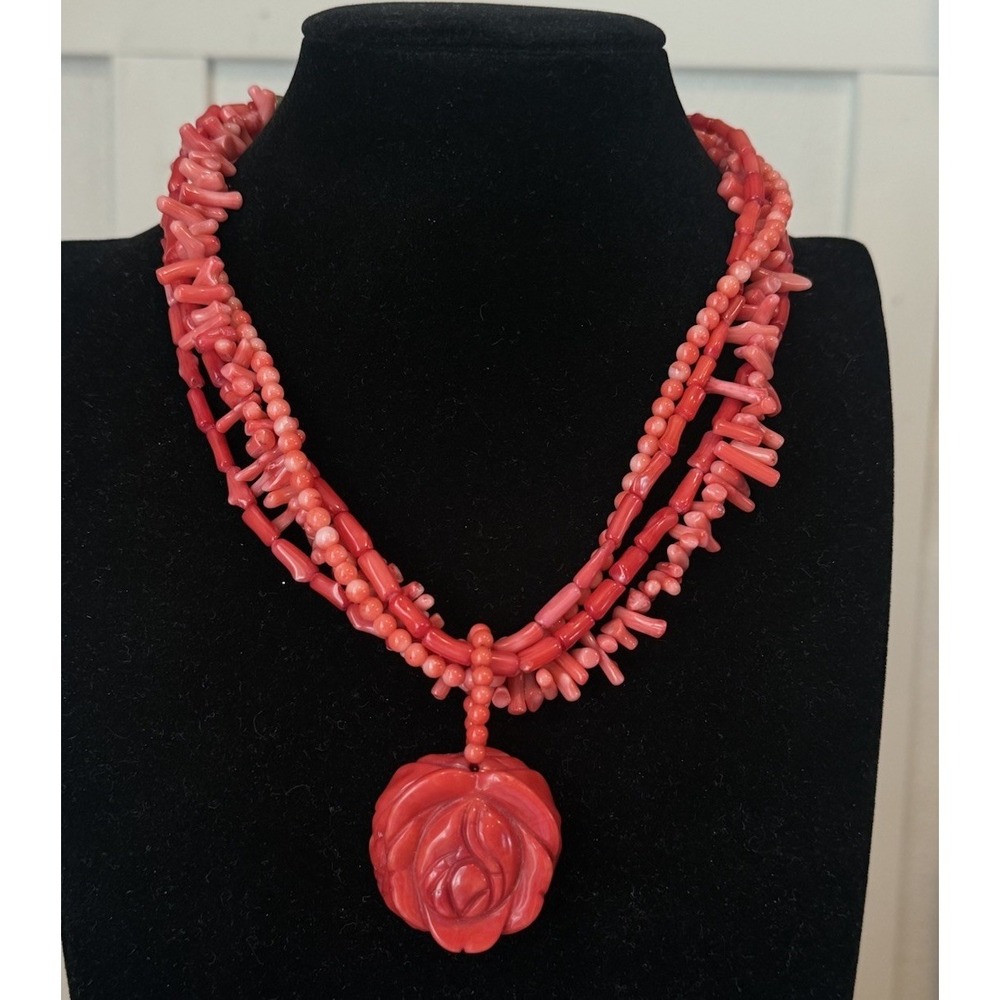 Multi-Strand Coral Color Beaded Necklace Carved Rose Pendant Statement Necklace